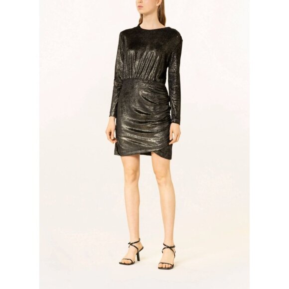 Boss Evaniwa Metallic Velvet Mini Dress Shoulder Button Ruched Black Wet Look LG - Picture 3 of 16